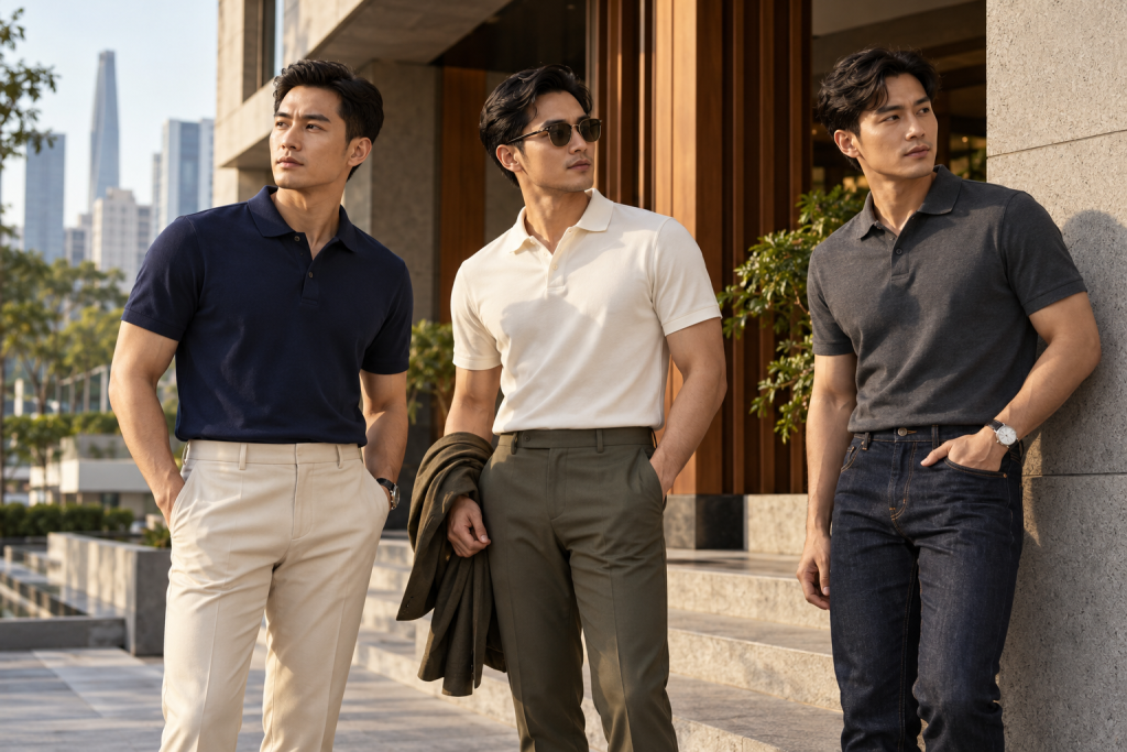 Ba mẫu phối áo polo nam với quần âu, chino và jean cao cấp