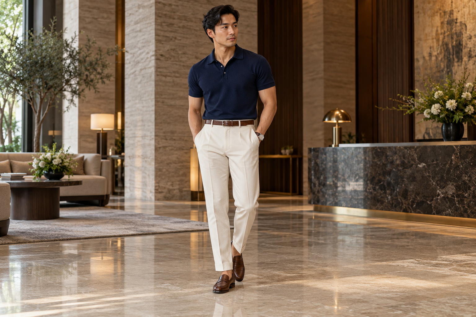 Nam giới mặc áo polo navy với quần âu màu kem và giày da nâu