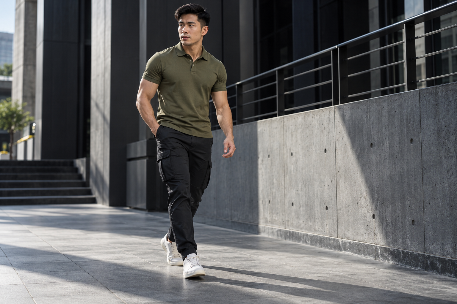 Nam giới phối áo polo xanh olive với quần cargo đen và sneaker trắng