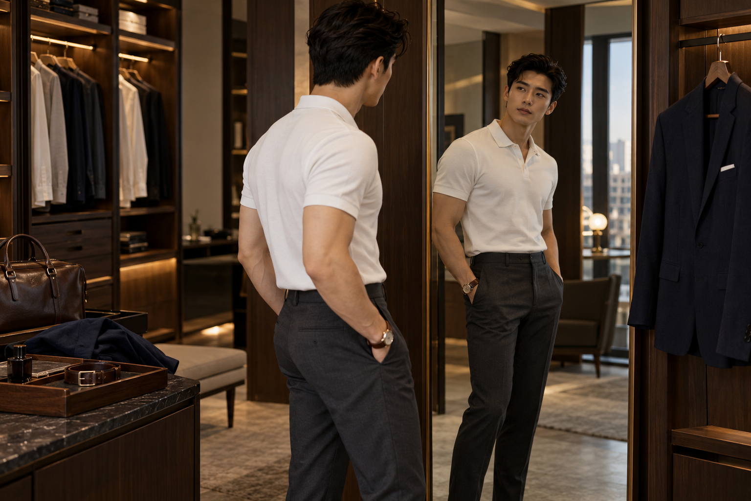 Nam giới thử áo polo trắng với quần âu xám trong phòng thay đồ